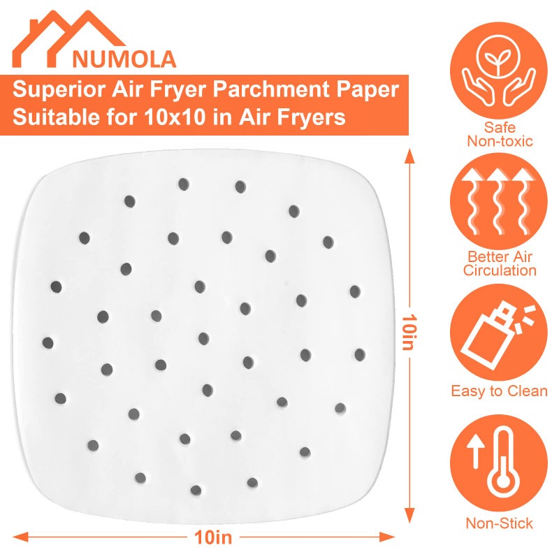 Numola 100 Pcs Air Fryer Liners Disposable Parchment Paper, 10 Inch Perforated Airfryer Sheets for Baking, Square Non-Stick Steamer Liner for Oven, Microwave, Steaming Basket - Image 2